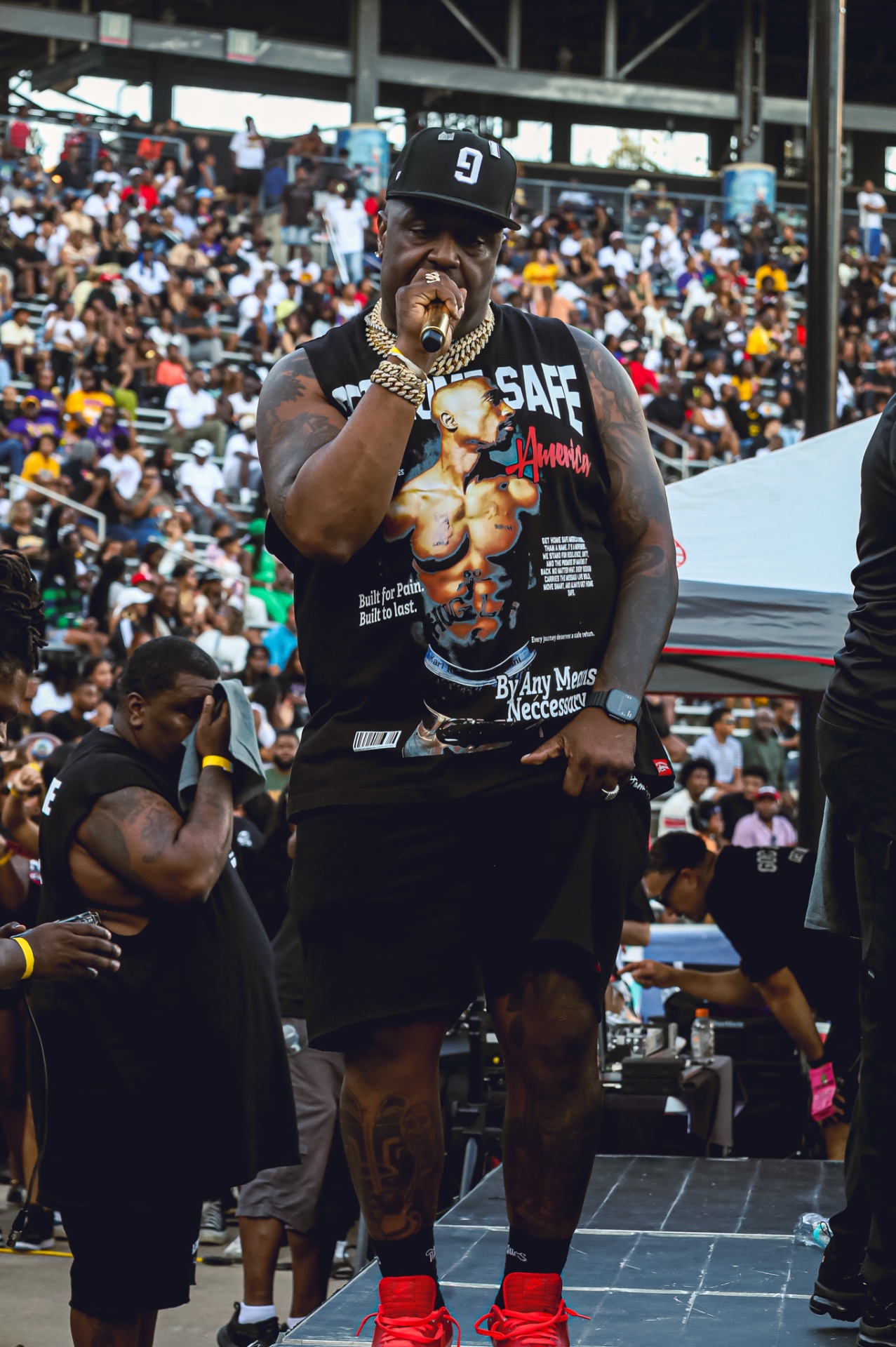 Performer on stage in front of a packed stadium crowd